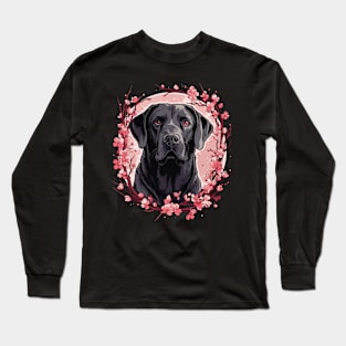 Black Labrador with cherry blossom illustration Long Sleeve T-Shirt